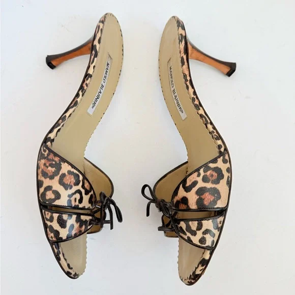 Manolo Blahnik Leopard Leather Lace-Up Mule Kitten Heel Sandals EU 40 Y2K - Picture 3 of 9